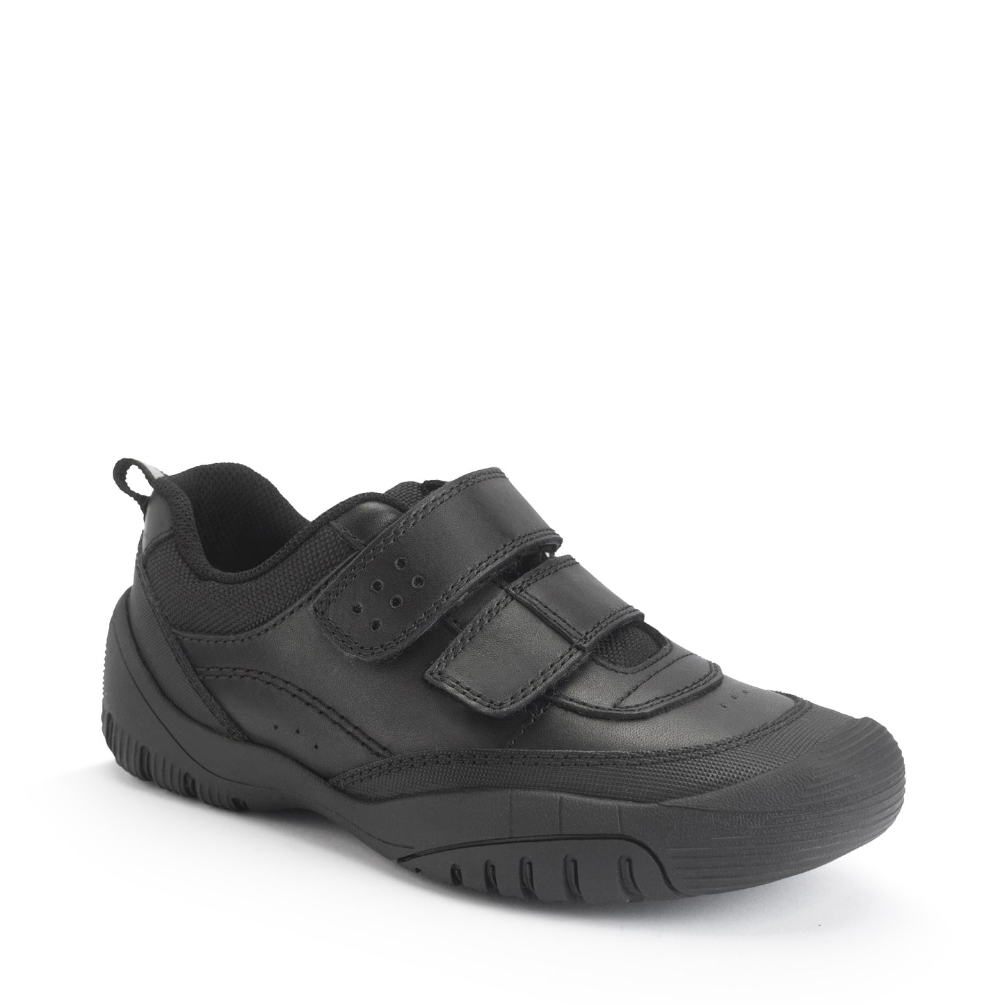 A boys school shoe by Start-Rite, style Quad, in black with toe bumper and double velcro fastening. Angled right side view.