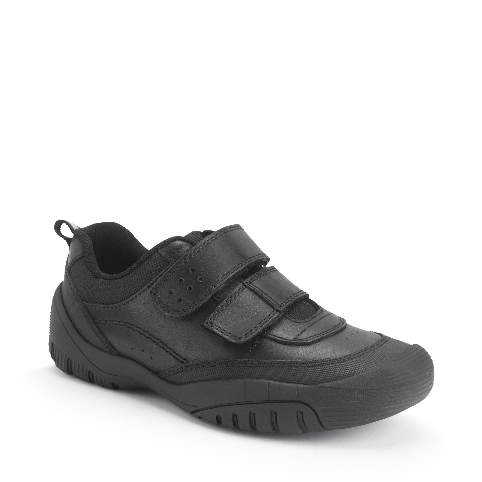 A boys school shoe by Start-Rite, style Quad, in black with toe bumper and double velcro fastening. Angled right side view.