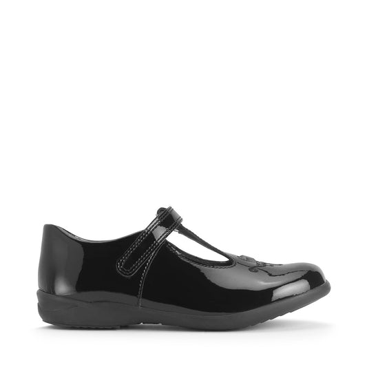 A girls T bar school shoe by Start-Rite, style Gem, in black patent with heart stone and embroidered detail. Velcro fastening. Right side view.