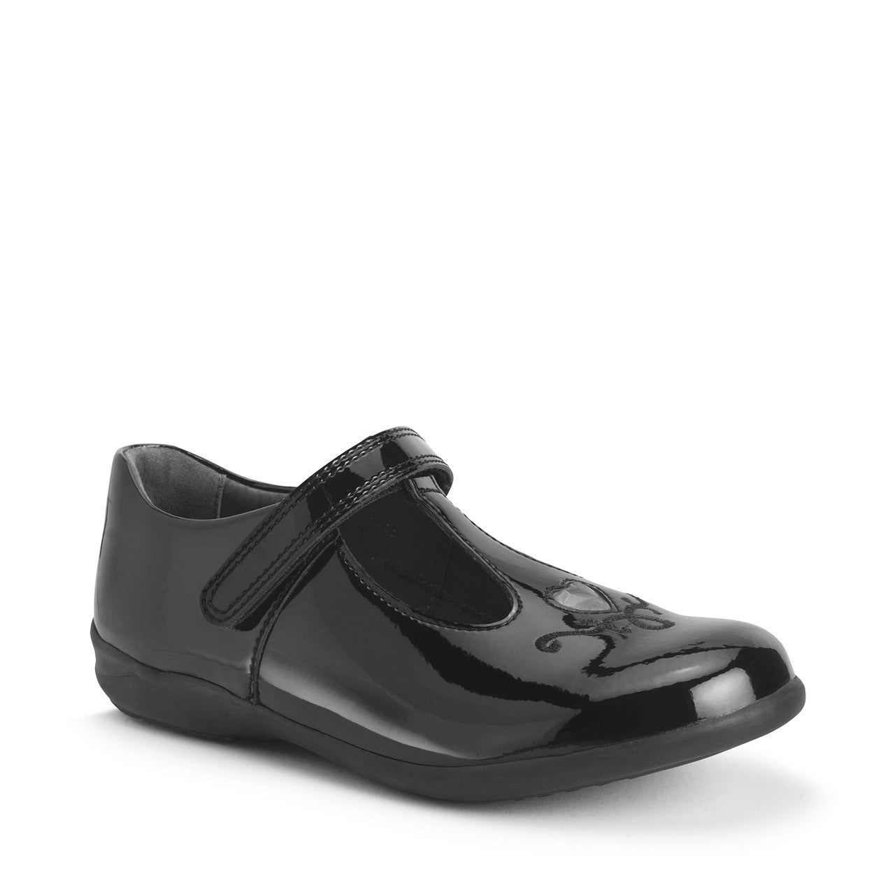 A girls T bar school shoe by Start-Rite, style Gem, in black patent with heart stone and embroidered detail. velcro fastening. Angled right side view.