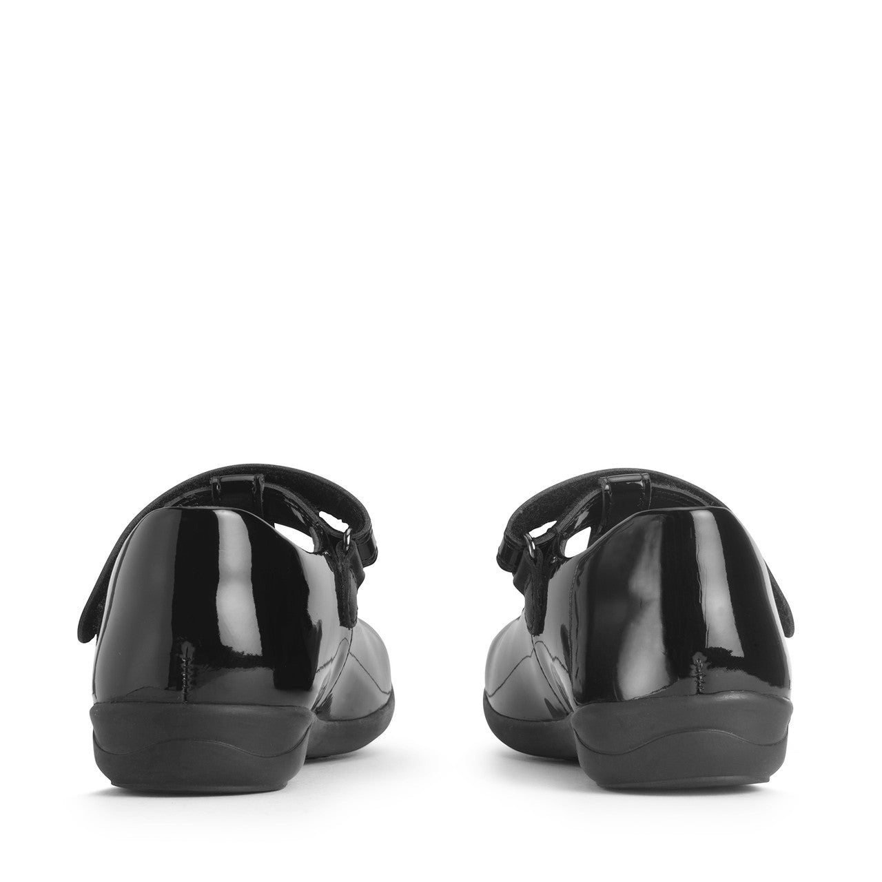 A girls T bar school shoe by Start-Rite, style Gem, in black patent with heart stone and embroidered detail. velcro fastening. Back view of a pair.