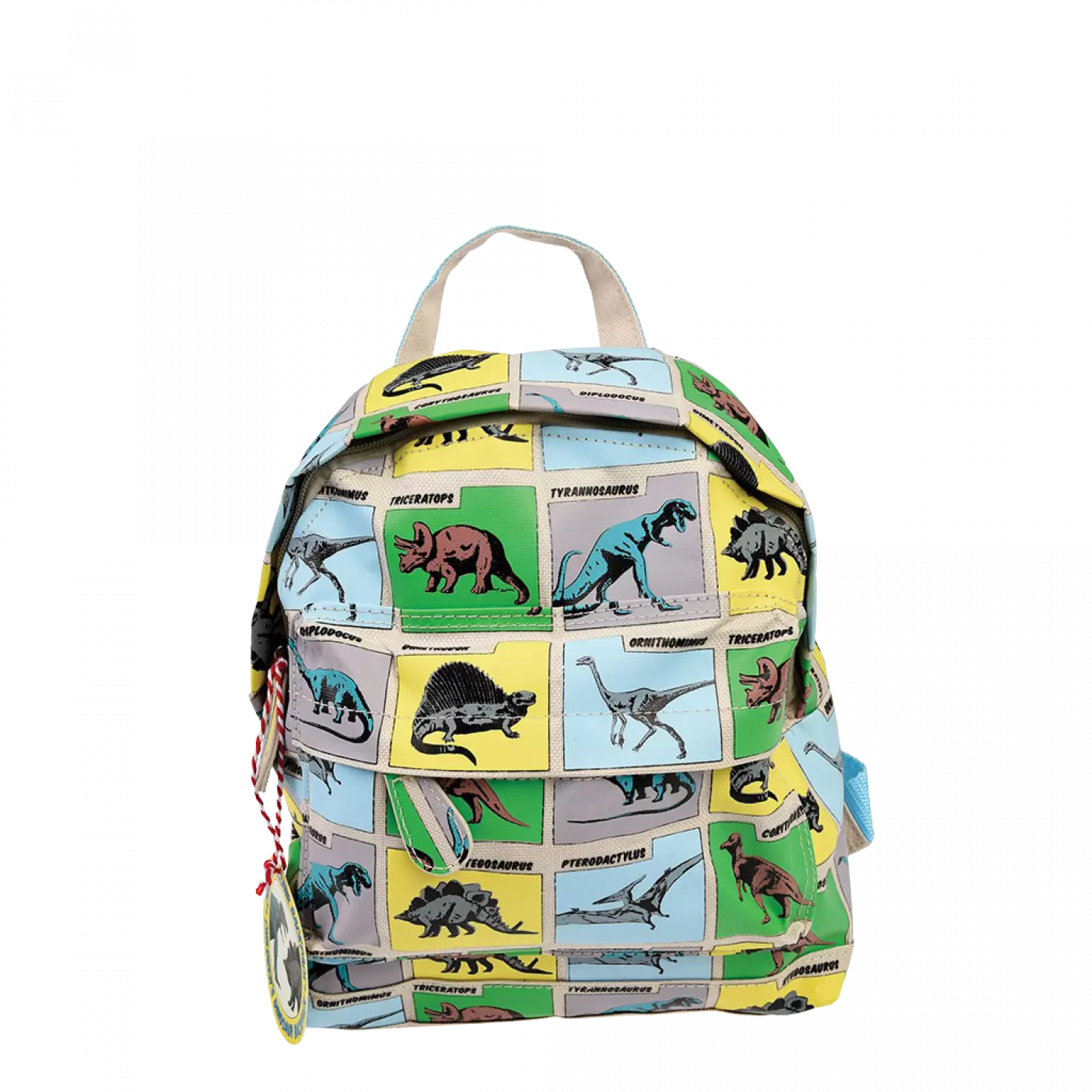 A childs backpack by Rex London, style Prehistoric Land, in blue, green and yellow multi dino print, two compartments with zip fastenings. Front view.