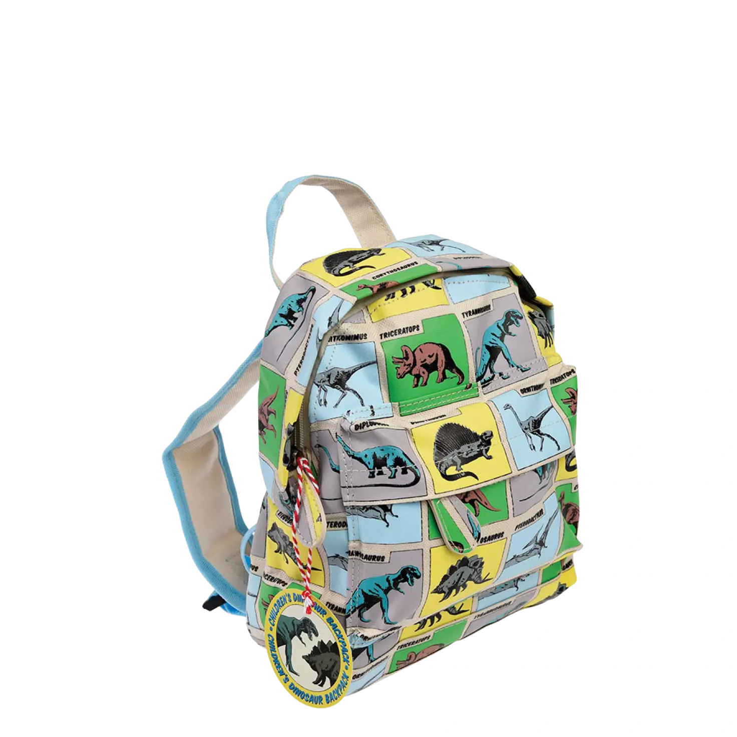 A childs backpack by Rex London, style Prehistoric Land, in blue, green and yellow multi dino print, two compartments with zip fastenings. Angled view.