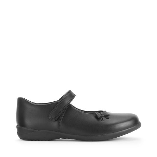 A girls Mary Jane school shoe by Start-Rite, style Ribbon, in black leather with bow detail. Velcro fastening. Right side view.