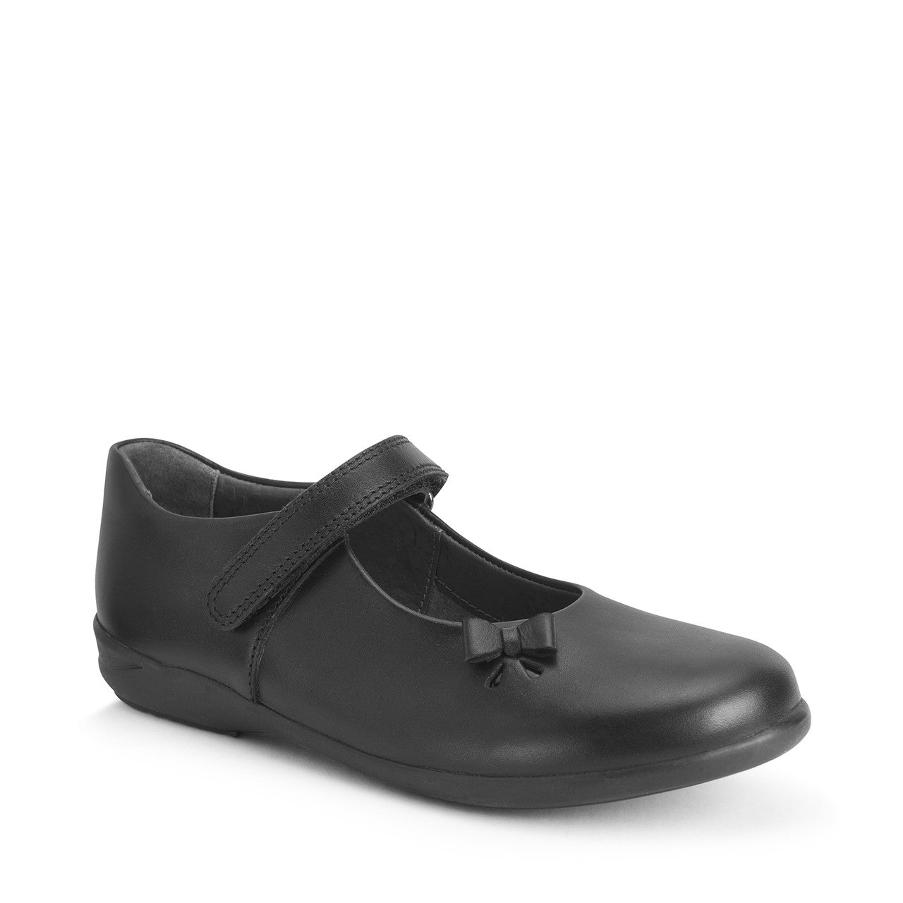 A girls Mary Jane school shoe by Start-Rite, style Ribbon, in black leather with bow detail. Velcro fastening. Angled right side view.