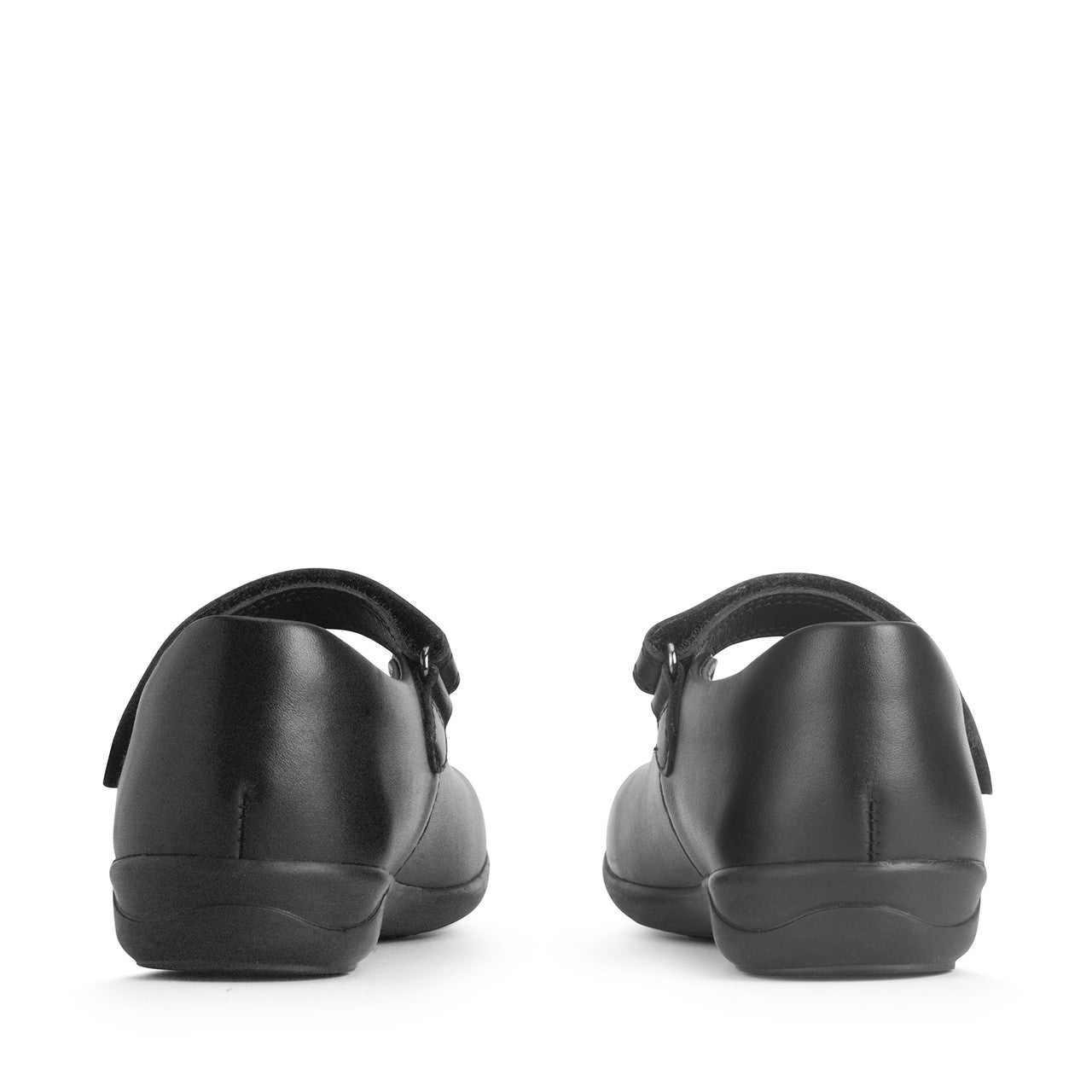 A girls Mary Jane school shoe by Start-Rite, style Ribbon, in black leather with bow detail. Velcro fastening.  Back view of pair.