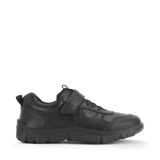 A boys sporty school shoe by Start Rite, style League, in black leather with bungee laces and velcro fastening. Rght side view.