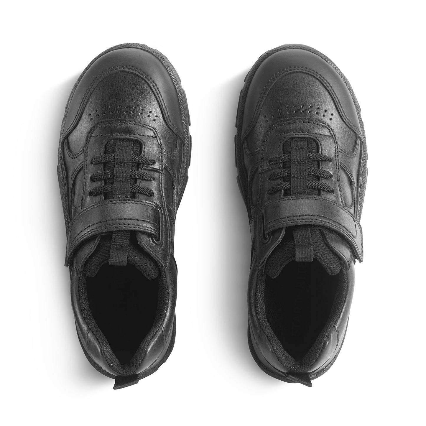 A boys sporty school shoe by Start Rite, style League, in black leather with bungee laces and velcro fastening.  Above view.