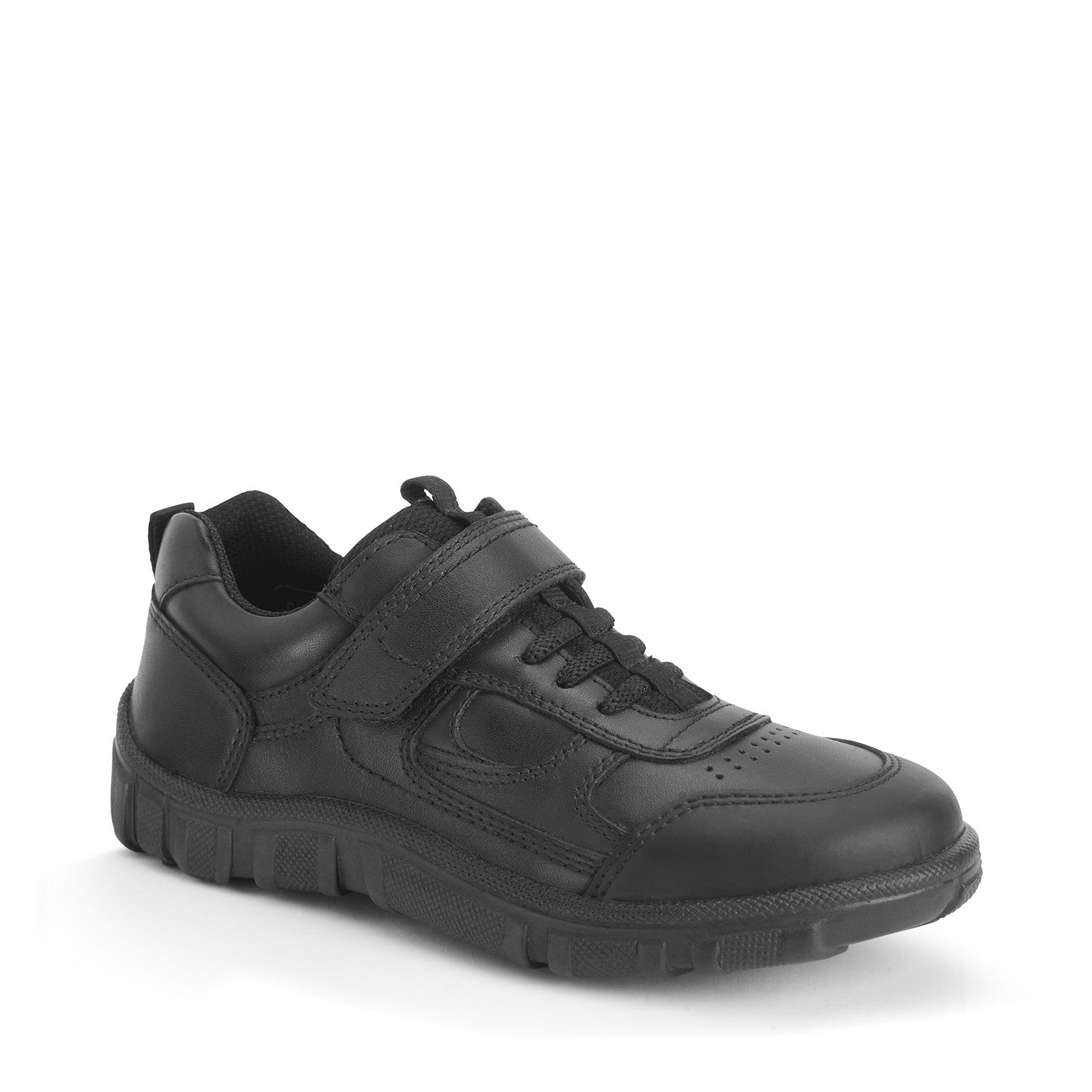 A boys sporty school shoe by Start Rite, style League, in black leather with bungee laces and velcro fastening.  Angled view.
