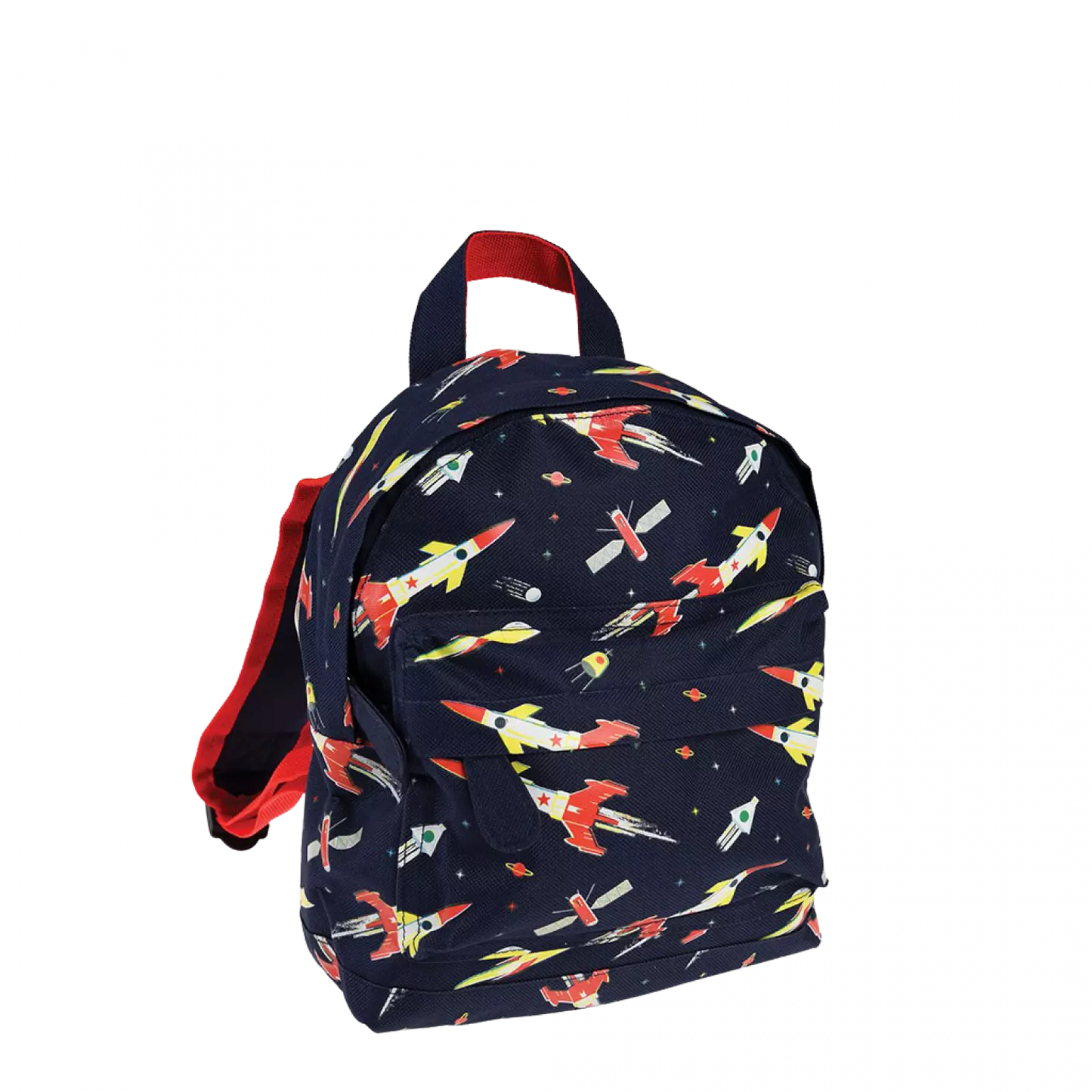 A childs backpack by Rex London, style Space Age, in blue with multi rocket print, two compartments and zip fastenings. Angled view. 