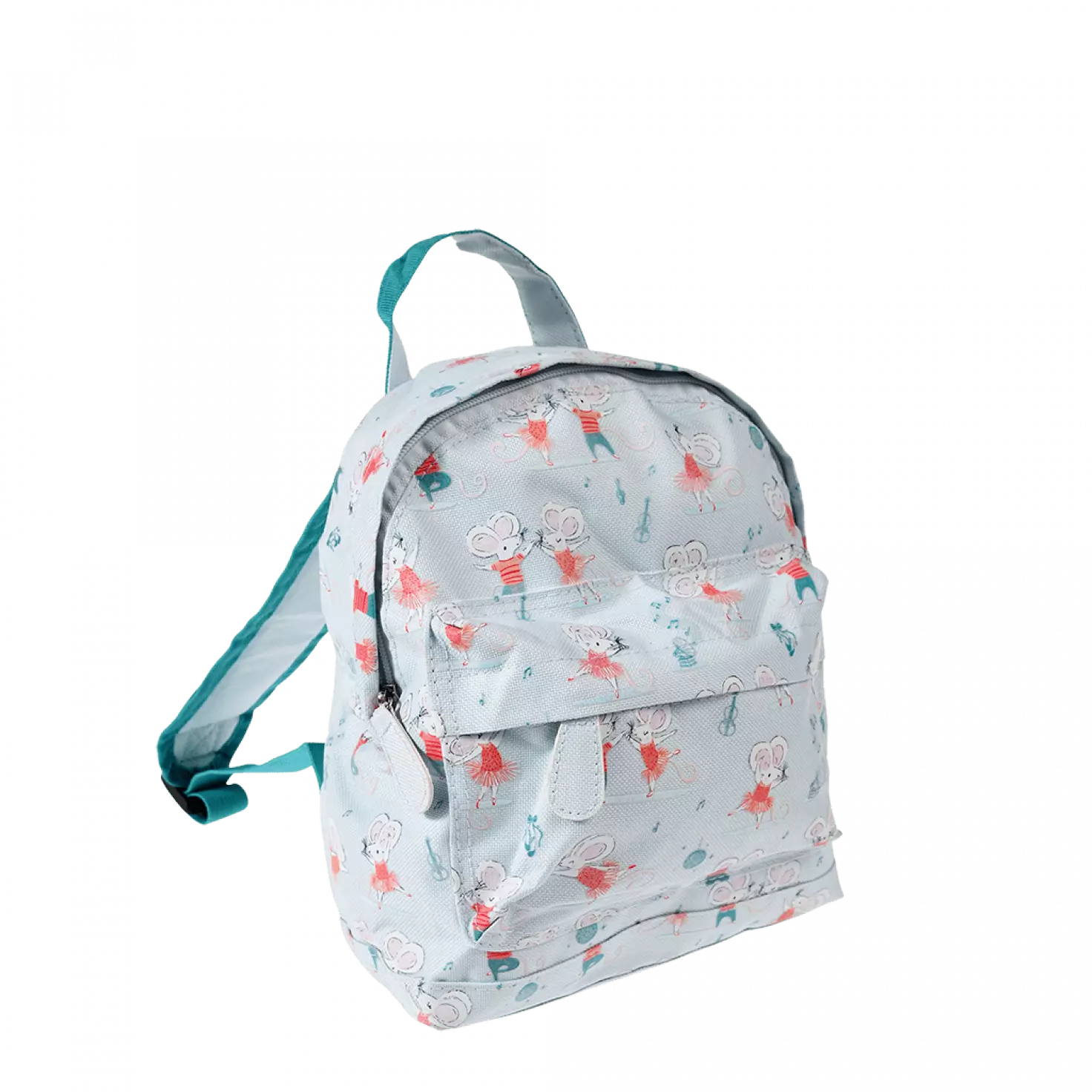 A childs backpack by Rex London, style Mimi and Milo, in blue with multi dancing mice print. Two compartments and zip fastening. Angled view.