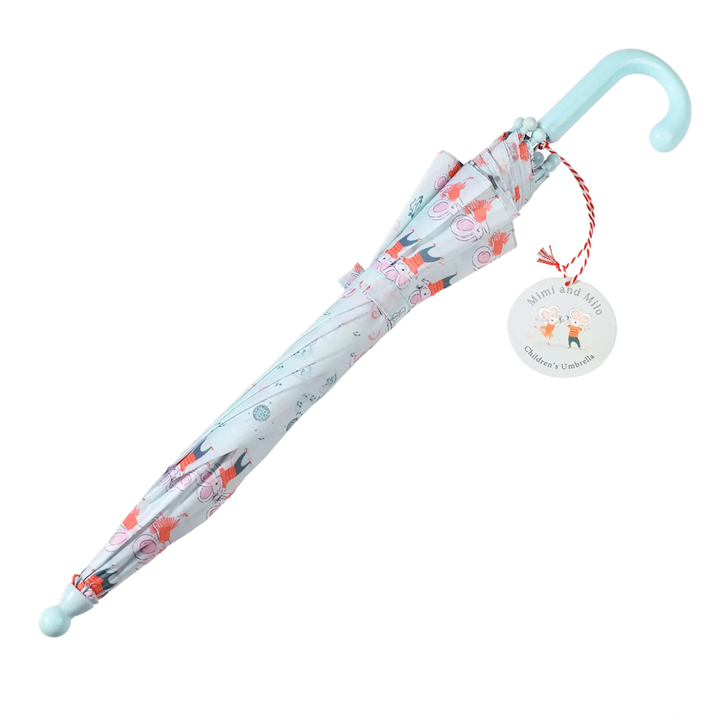 A childs umbrella by Rex London, style Mimi and Milo, in blue with multi dancing mice print and blue handle. Angled view of closed umbrella.
