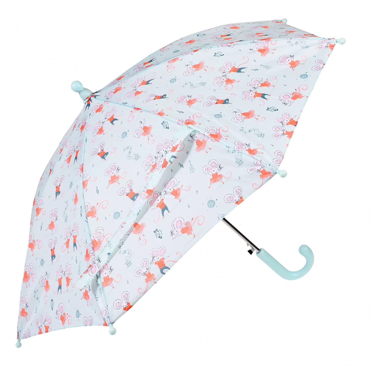 A childs umbrella by Rex London, style Mimi and Milo, in blue with multi dancing mice print and blue handle. Angled view of umbrella open.