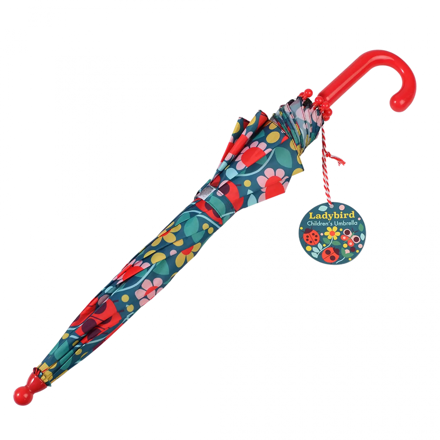 A childs umbrella by Rex London, style Ladybird, in blue with multi ladybird and floral print and red handle. Angled view of umbrella closed.