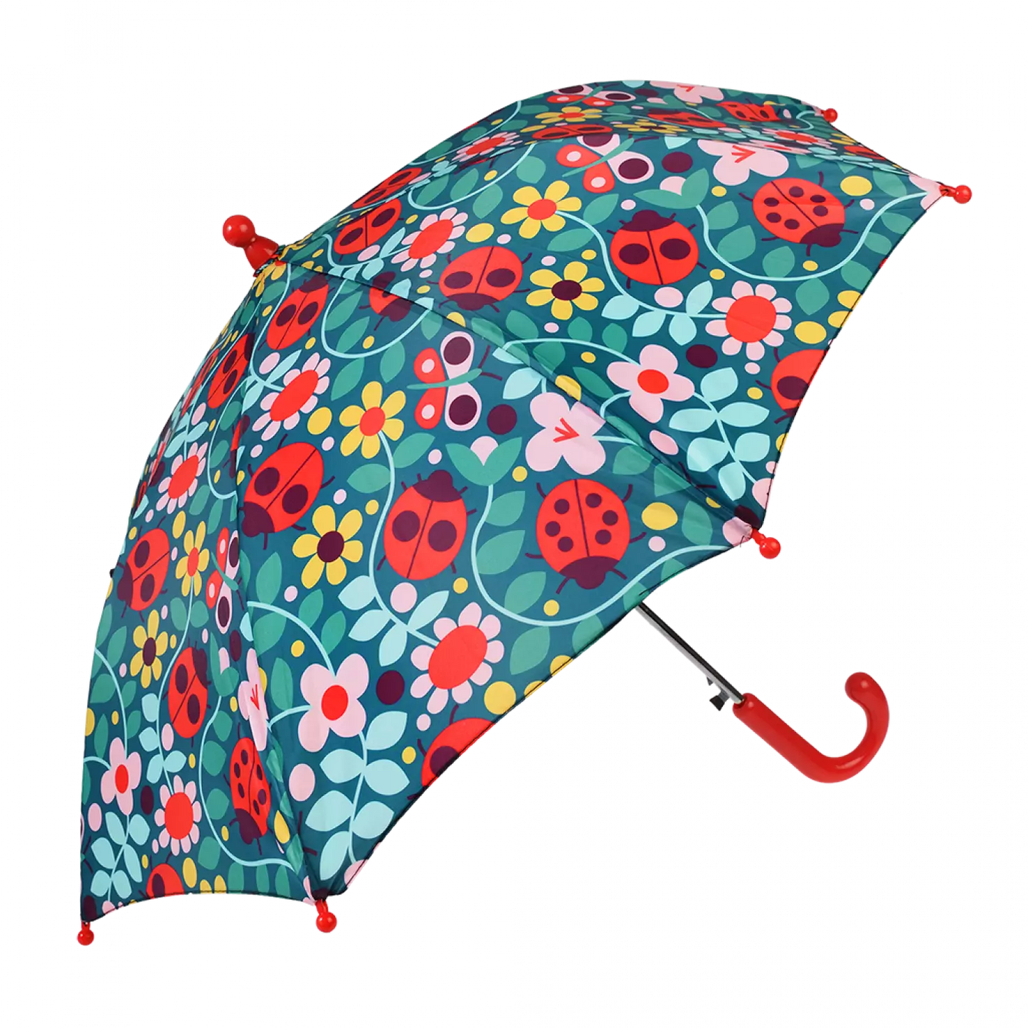 A childs umbrella by Rex London, style Ladybird, in blue with multi ladybird and floral print and red handle. Angled view of umbrella open.