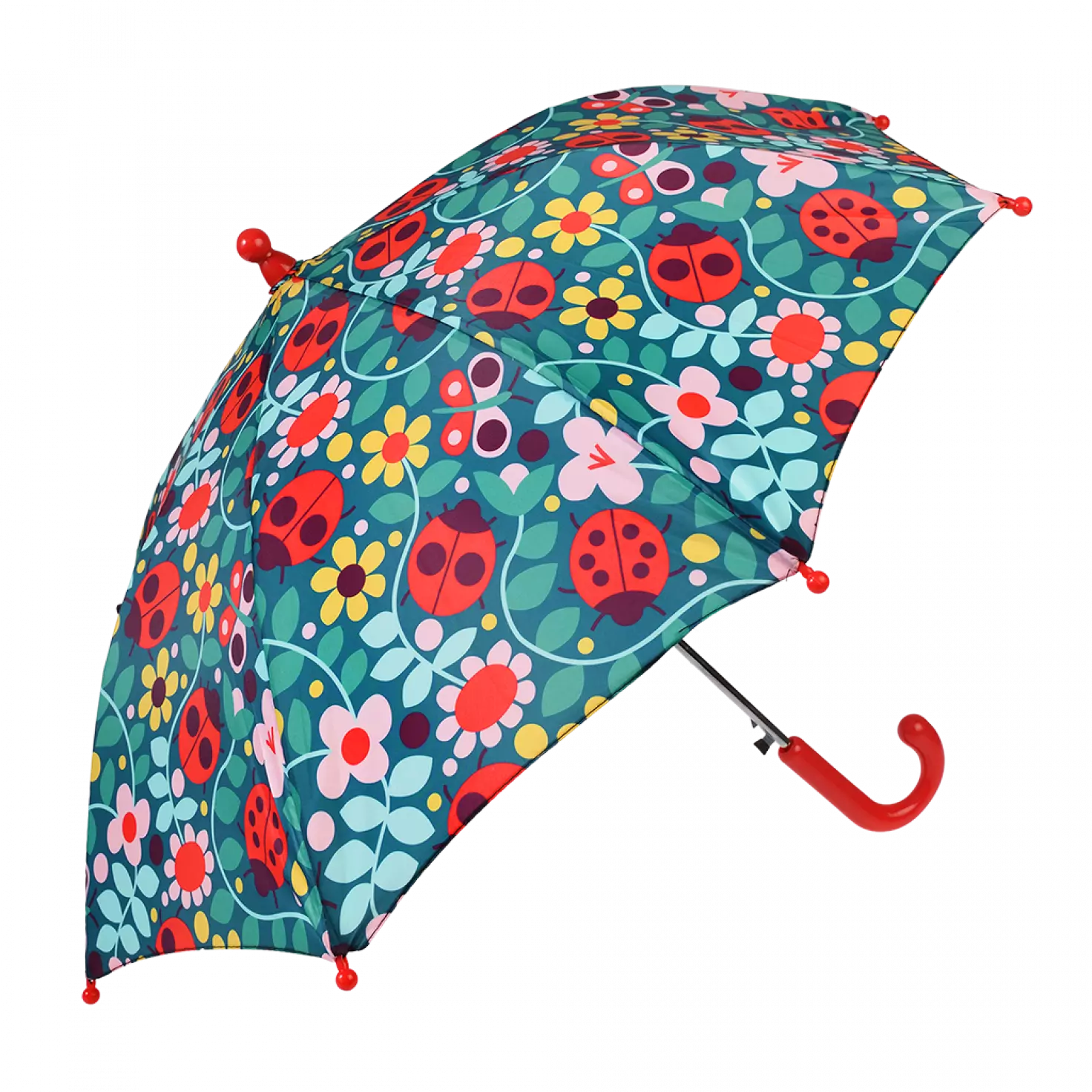 A childs umbrella by Rex London, style Ladybird, in blue with multi ladybird and floral print and red handle. Angled view of umbrella open.