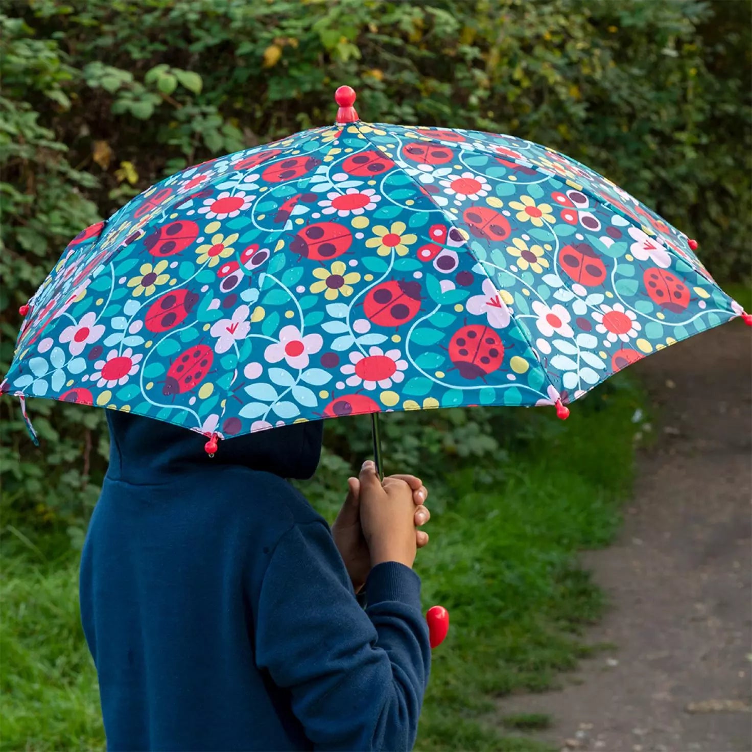 A childs umbrella by Rex London, style Ladybird, in blue with multi ladybird and floral print and red handle. Lifestyle image.