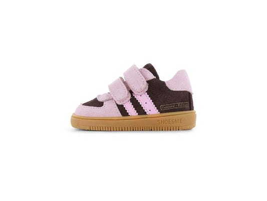 Shoesme Low Top Trainer in brown and pink with double Velcro strap and a gum sole. Left side view 