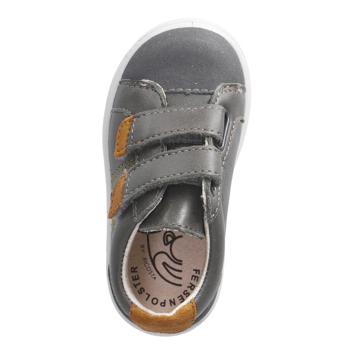 A boys casual shoe by Ricosta, style Nippy, in green with mustard trim and velcro fastening. Above view.