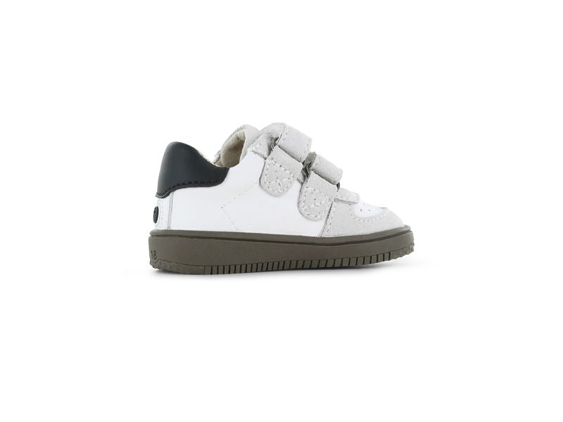Shoesme Low Top Trainer in black white and beige with double Velcro strap and dark brown sole. Inner left side view