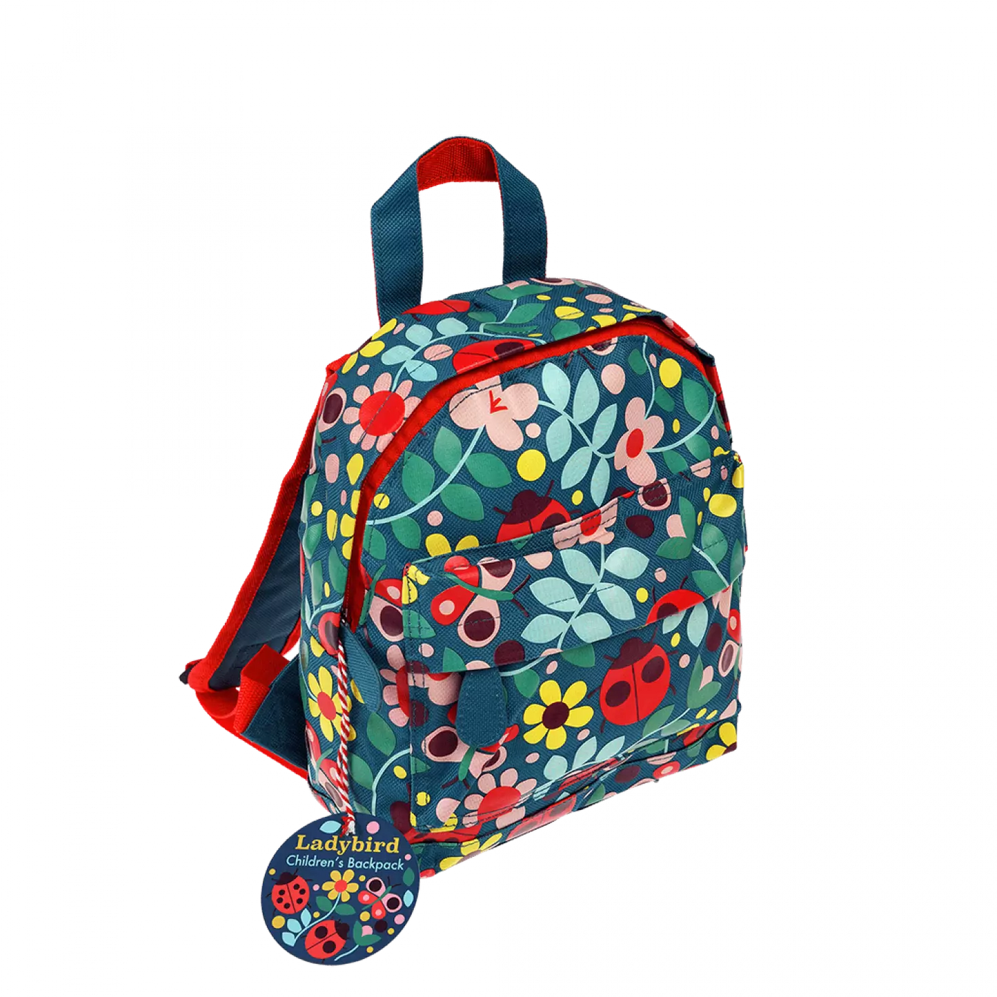 A childs backpack by Rex London, style Ladybird, in blue with multi ladybird and floral print. Two compartments with zip fastening. Angled view.