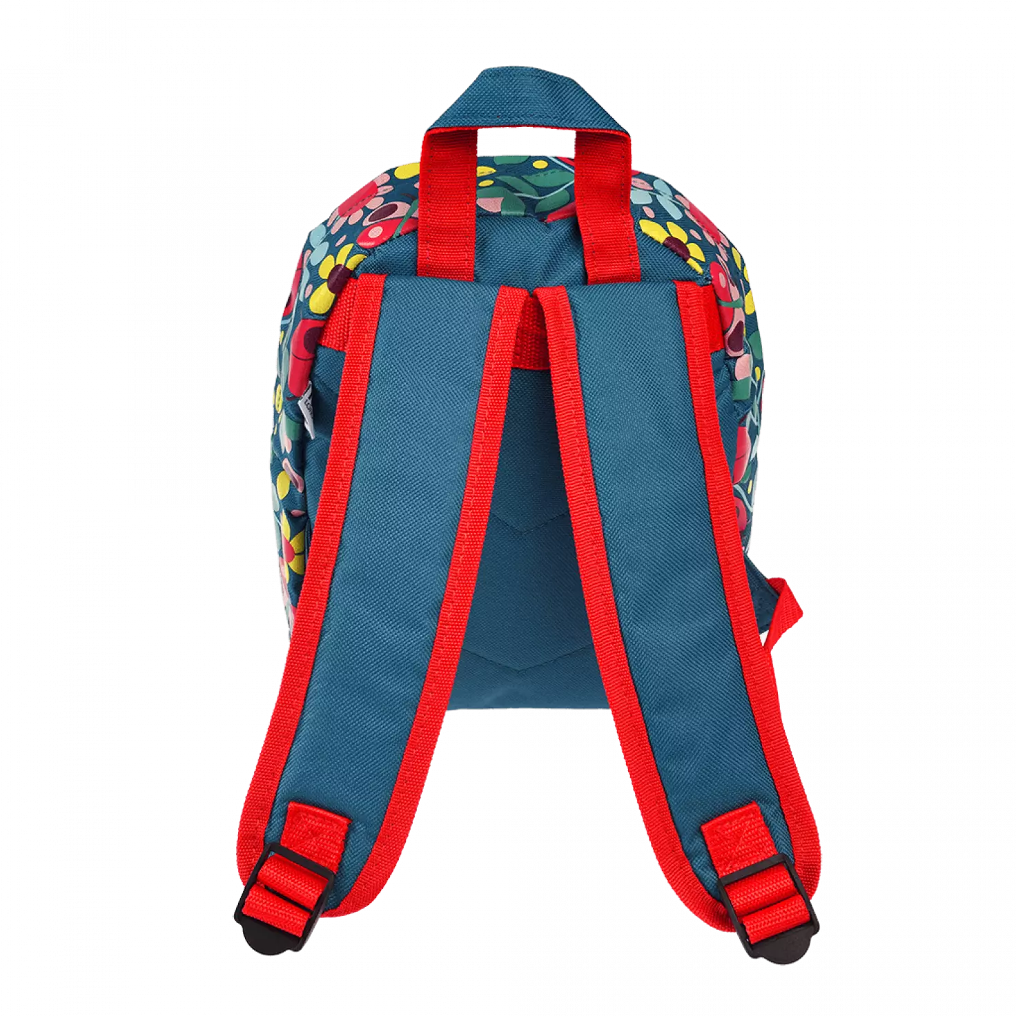 A childs backpack by Rex London, style Ladybird, in blue with multi ladybird and floral print. Two compartments with zip fastening. Back view showing padded straps.