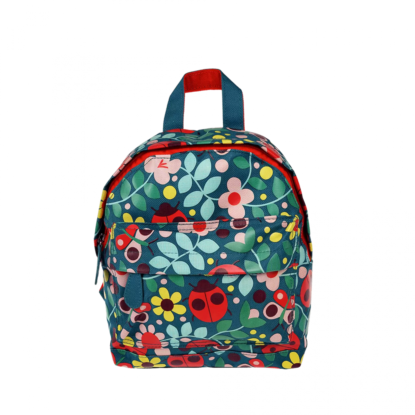 A childs backpack by Rex London, style Ladybird, in blue with multi ladybird and floral print. Two compartments with zip fastening. Front view.