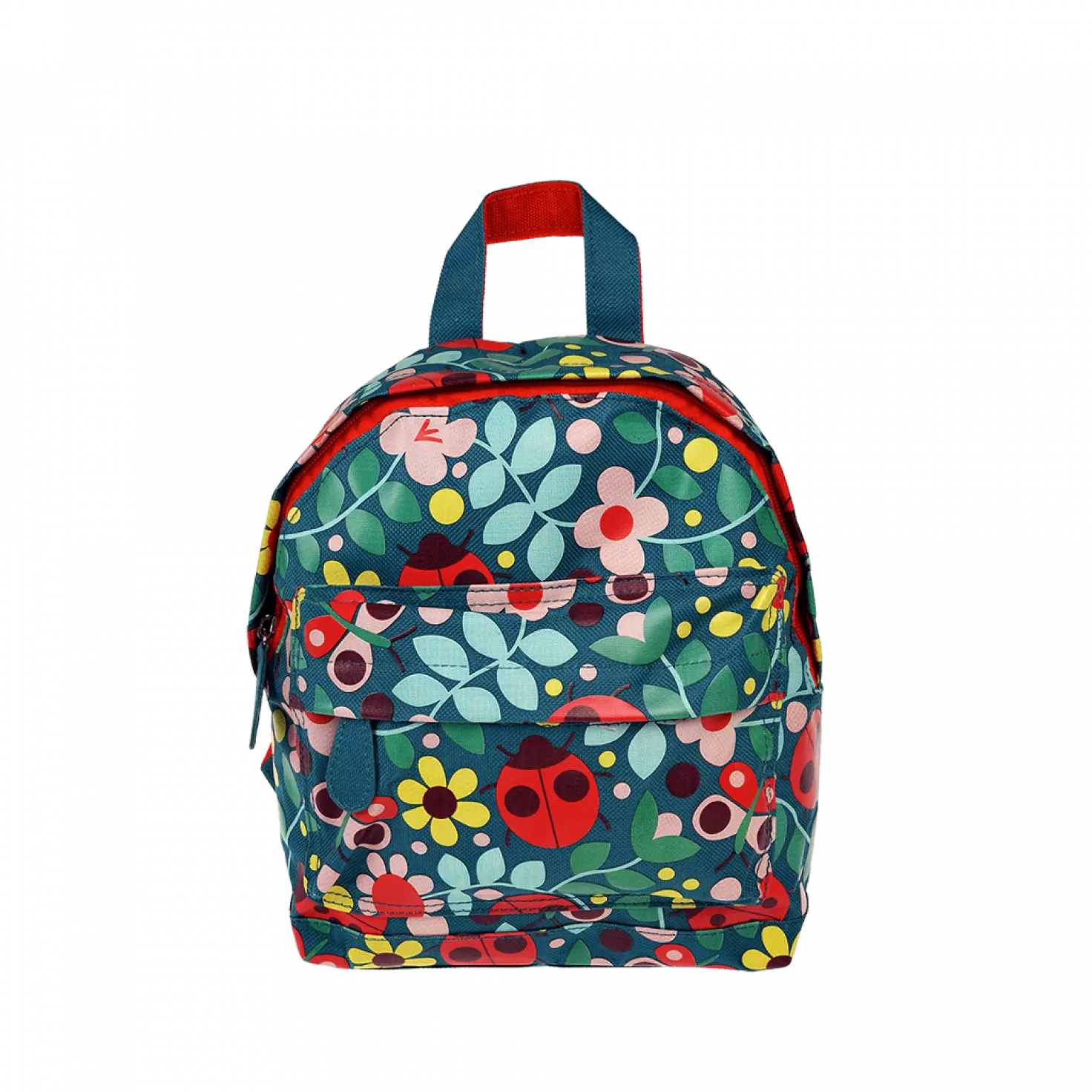 A childs backpack by Rex London, style Ladybird, in blue with multi ladybird and floral print. Two compartments with zip fastening. Front view.
