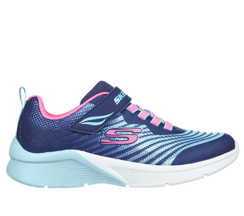 A girls trainer by Skechers, style Microspec Rejoice Racer, in Navy with stretch lace and velcro fastening. Right side view.