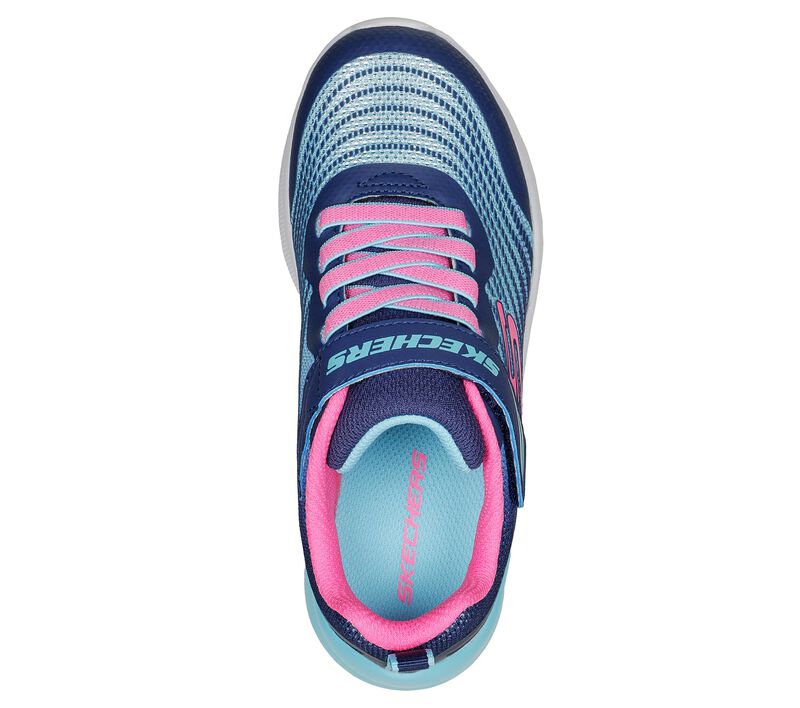 A girls trainer by Skechers, style Microspec Rejoice Racer, in Navy with stretch lace and velcro fastening. View from above.