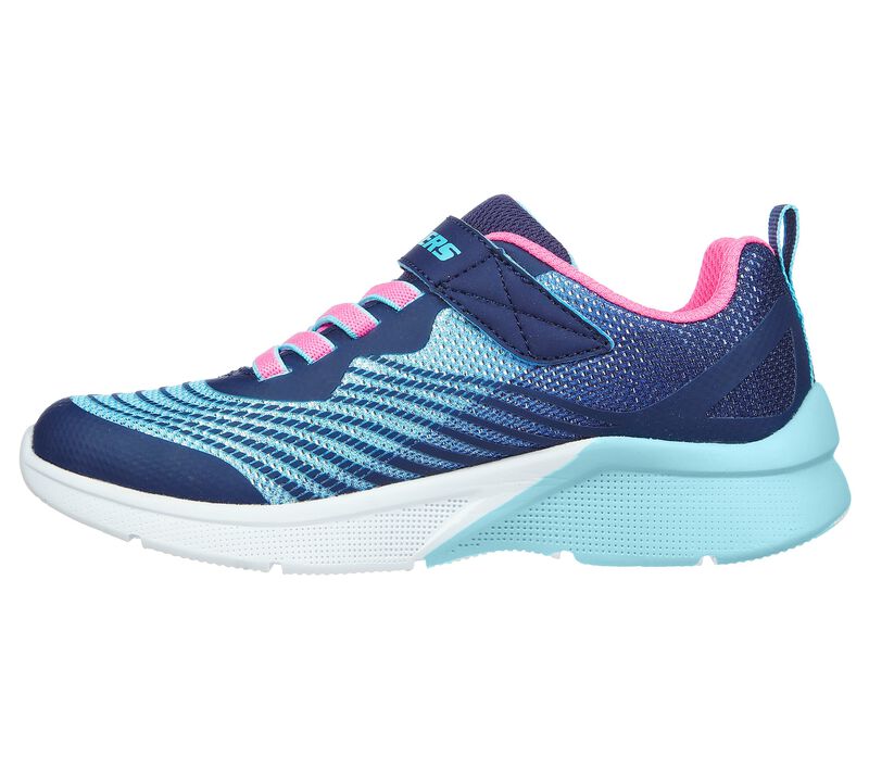 A girls trainer by Skechers, style Microspec Rejoice Racer, in Navy with stretch lace and velcro fastening.  Left side view.
