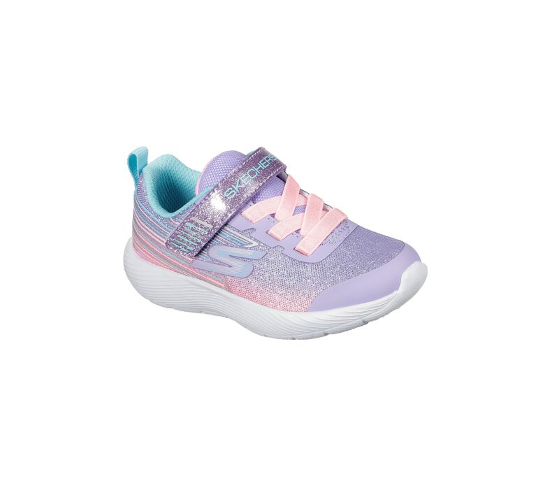 A girls trainer by Skechers, style Dyna-Lite Shimmer Streaks, in Lilac and Pink with stretch lace and velcro fastening. Angled view.
