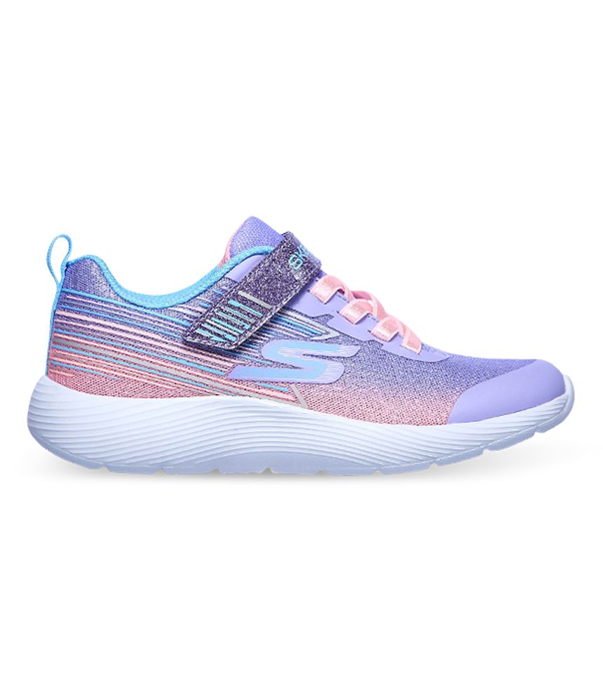 A girls trainer by Skechers, style Dyna-Lite in lilac and pink with stretch laces and velcro fastening. Right side view.
