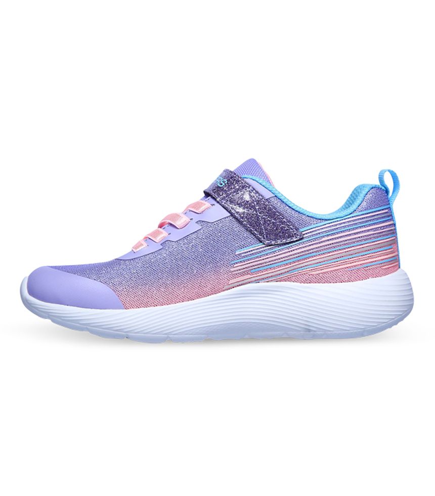 A girls trainer by Skechers, style Dyna-Lite in lilac and pink with stretch laces and velcro fastening. Right inside view.