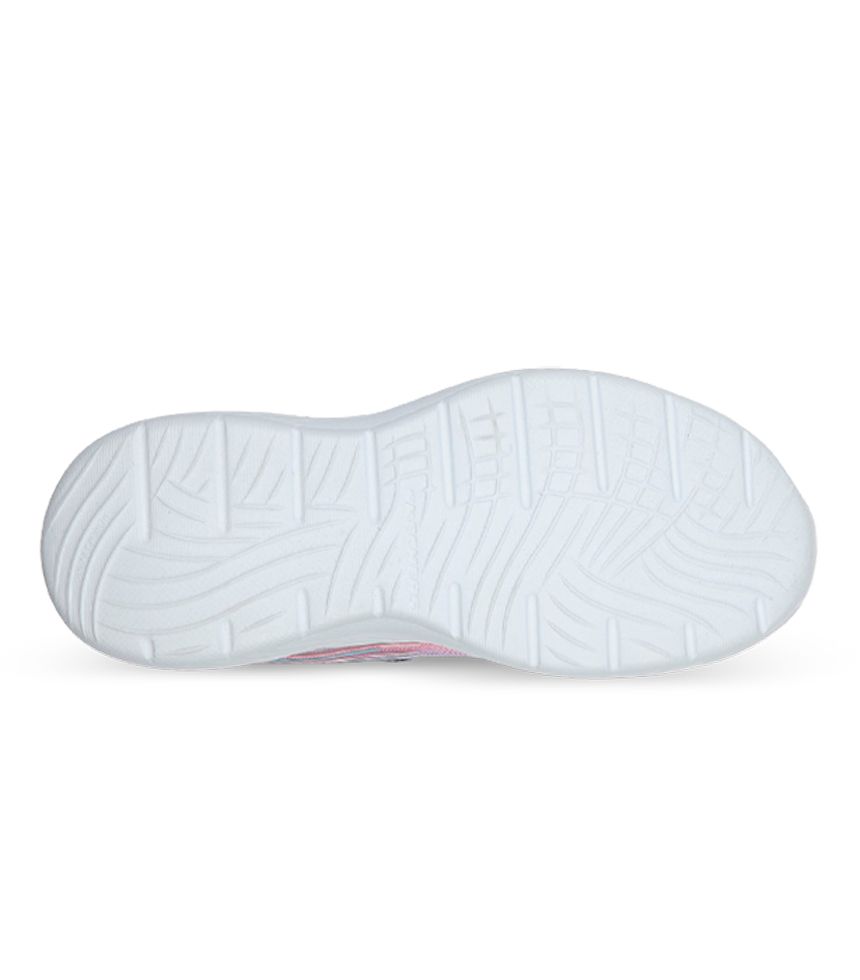 A girls trainer by Skechers, style Dyna-Lite, in lilac and pink with stretch laces and velcro fastening. View of sole.