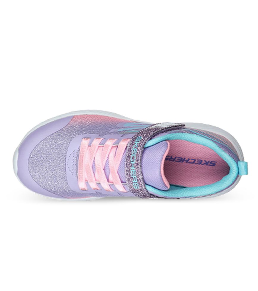 A girls trainer by Skechers, style Dyna-Lite, in lilac and pink with stretch laces and velcro fastening. View of top.