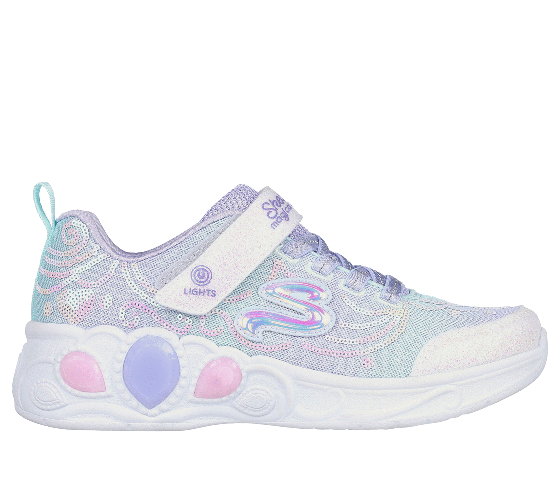 A girls light up trainer by Skechers, style Princess Wishes, in lilac sequin/multi with bungee lace and velcro fastening. Right side view.