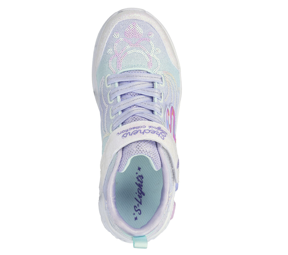 A girls light up trainer by Skechers, style Princess Wishes, in lilac sequin/multi with bungee lace and velcro fastening. Above view.