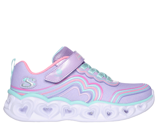 Skechers  S Lights Retro Hearts in lavender with a multi coloured swirl pattern round the upper. Lights along the  heart sole unit and the Skechers branding. Velcro fastening with flat stretch bungee laces. Right side view.