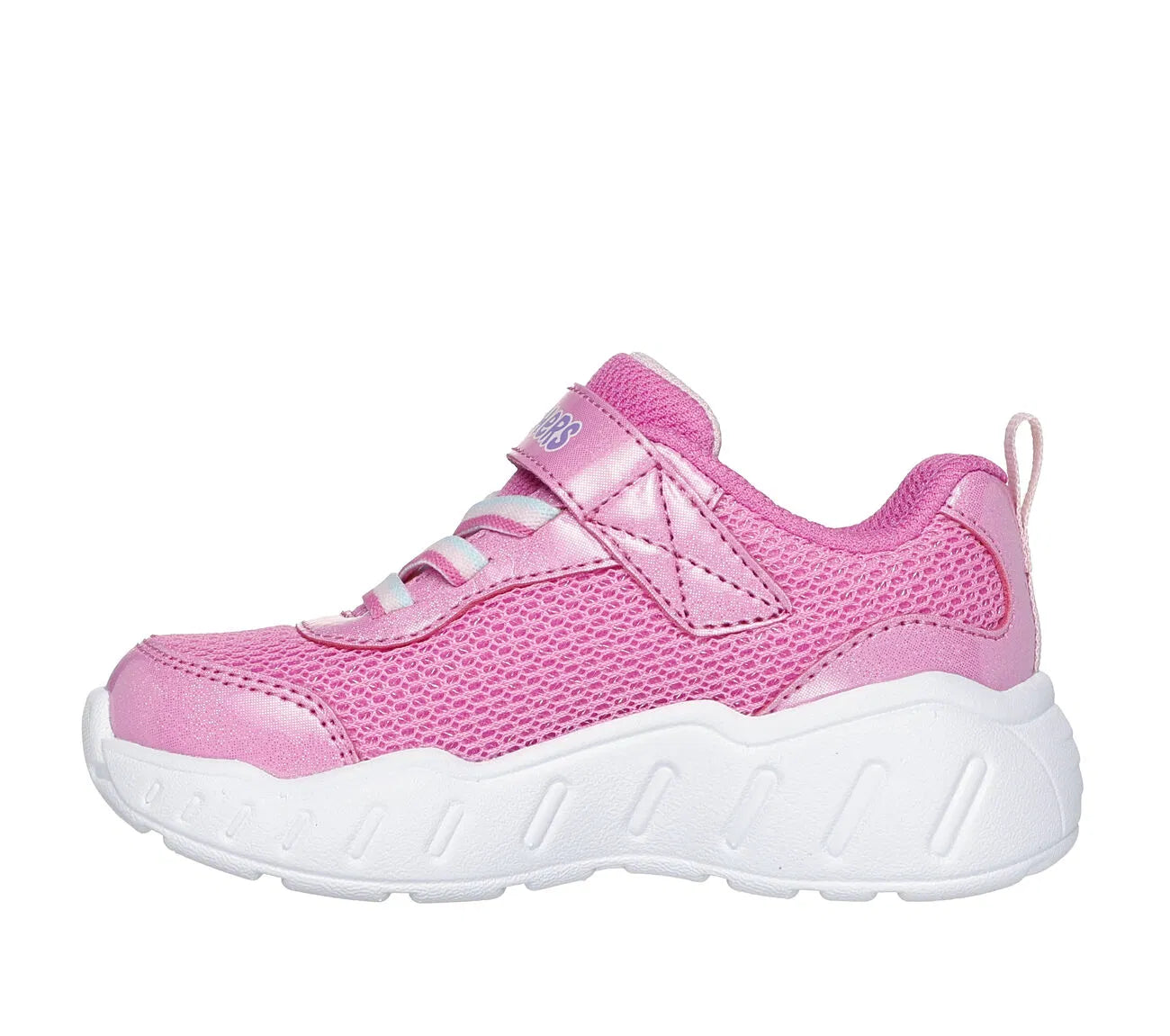 A girls trainer by Skechers, style Play Scene Fun Squad 303158N, in pink set on multi coloured sole with unicorn motifs. Velcro fastening. Left side view.
