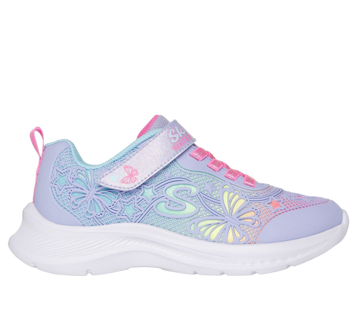 A girls casual water repellent trainer by Skechers, style 303380L Jumpsters 2.0 Butterfly Flush, in lilac and pink with butterfly and star detail to upper. Right side view.