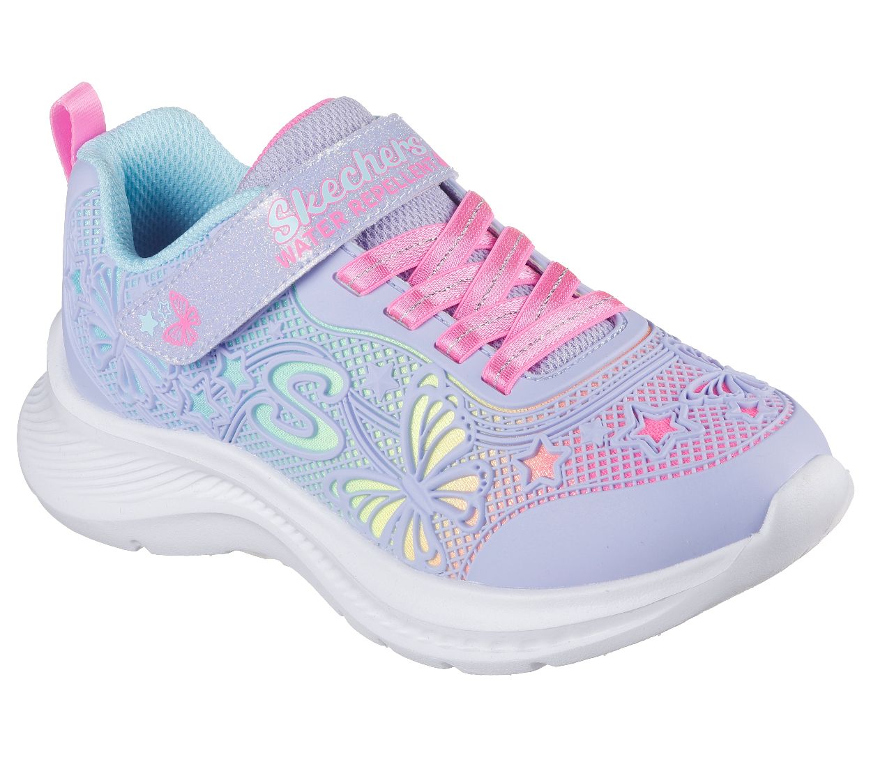 A girls casual water repellent trainer by Skechers, style 303380L Jumpsters 2.0 Butterfly Flush, in lilac and pink with butterfly and star detail to upper. Angled right side view.