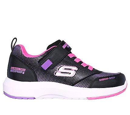 A girls waterproof trainer by Skechers, style 303387L Dynamic Tread Journey Time, in black, pink and purple with elastic lace and velcro fastening. Right side view. 