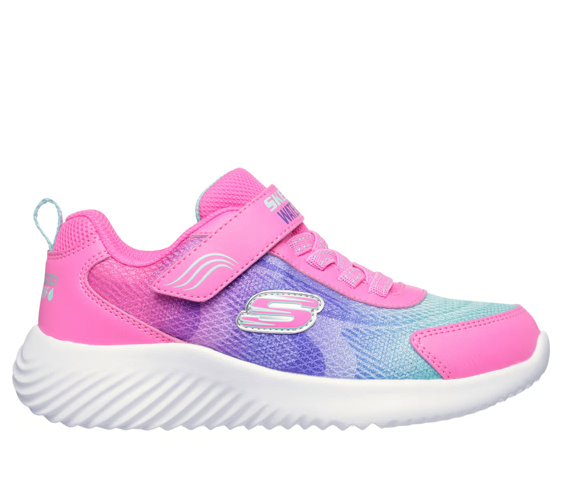 A pink waterproof trainer by Skechers, style Bounder Hydra Cool 303452L in pink, lilac and blue with velcro fastening. Right side view.