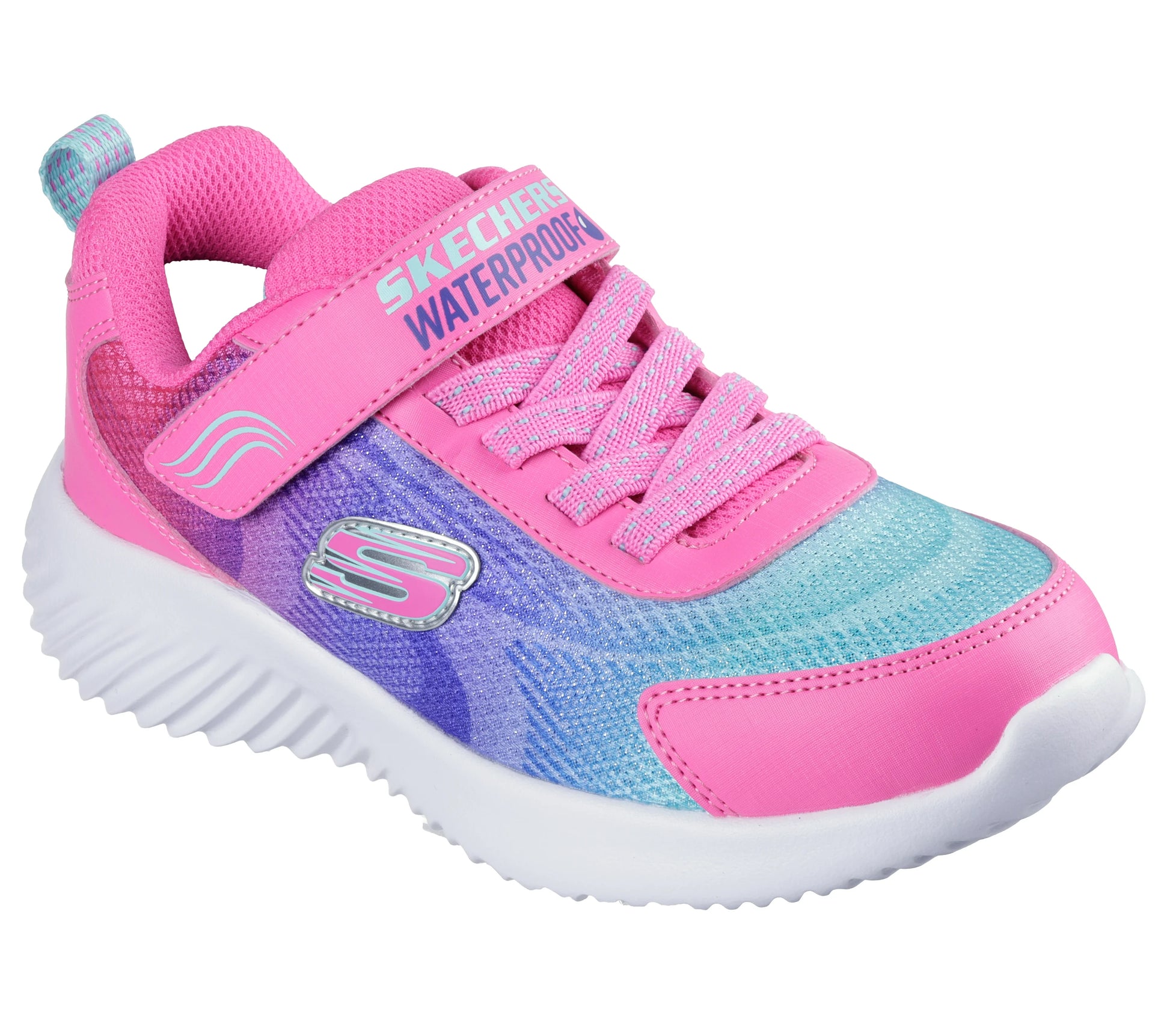 A pink waterproof trainer by Skechers, style Bounder Hydra Cool 303452L in pink, lilac and blue with velcro fastening. Angled right side view.