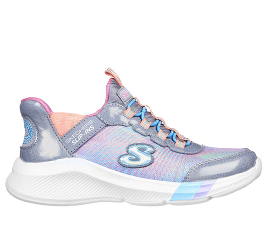 Skechers Colourful Prism girls slip-in trainer in grey and multi coloured textile print. elastic lace and the Skechers branding. Right side view.
