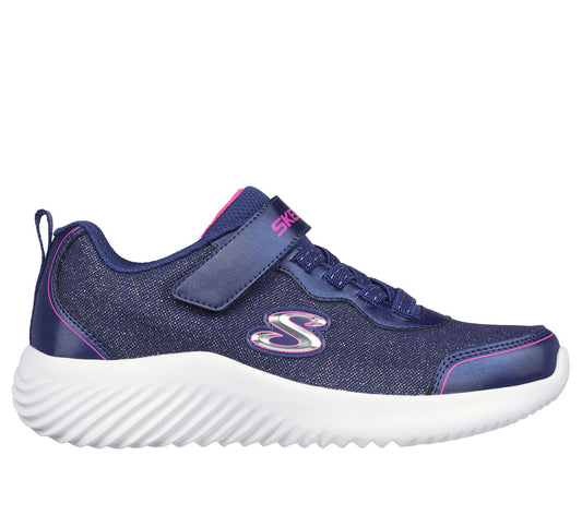 A girls casual trainer by Skechers, style Bounder Girly Groove 303528L, in navy glitter with elastic laces and velcro fastening. Right side view.