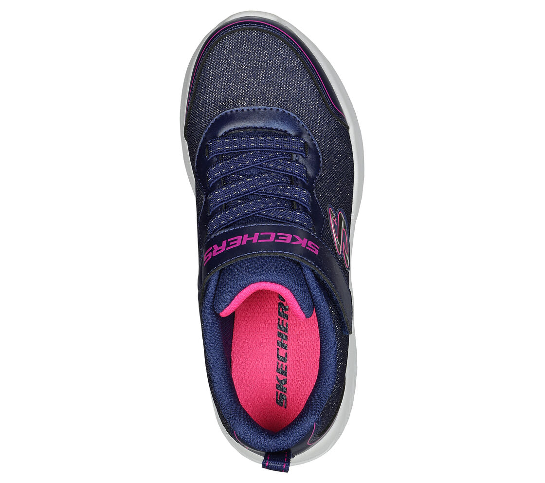 A girls casual trainer by Skechers, style Bounder Girly Groove 303528L, in navy glitter with elastic laces and velcro fastening. View from above.