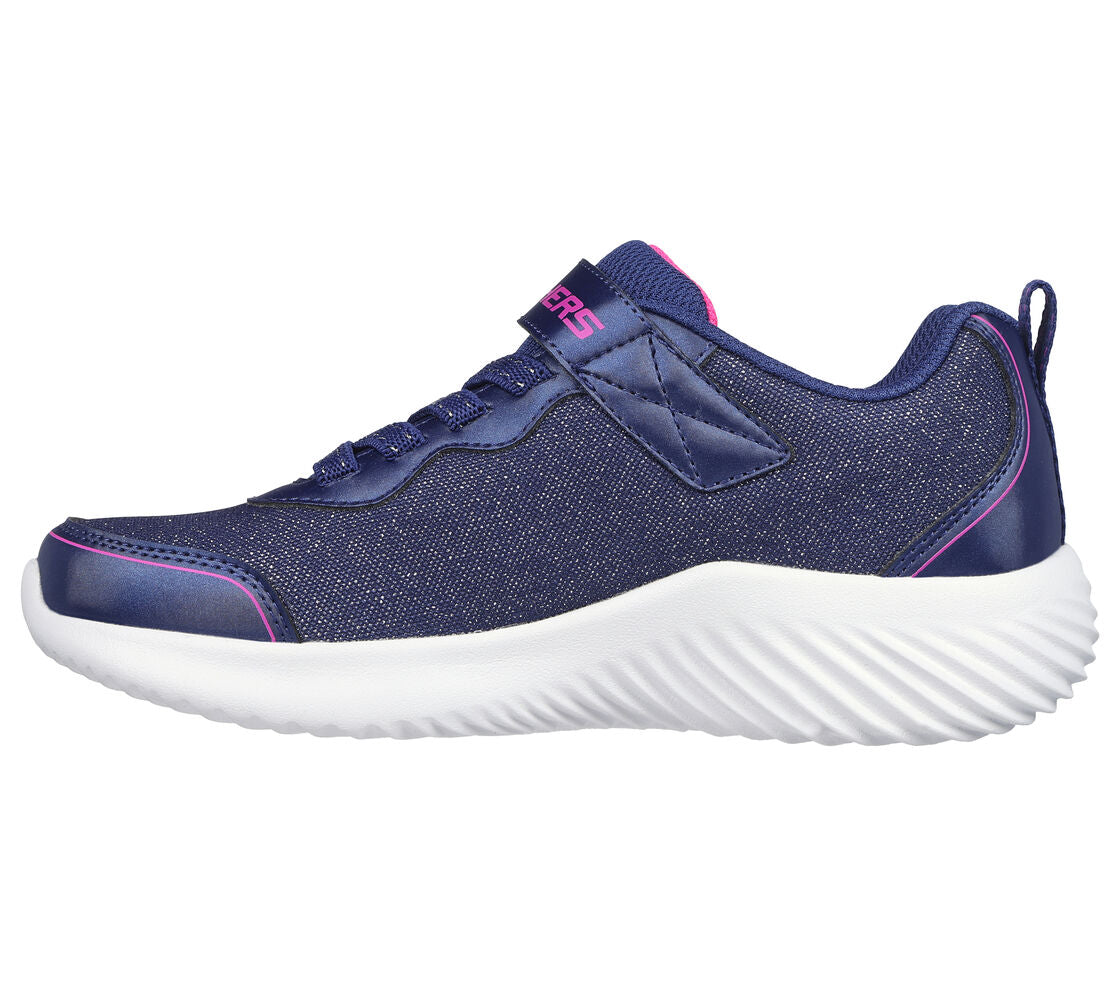A girls casual trainer by Skechers, style Bounder Girly Groove 303528L, in navy glitter with elastic laces and velcro fastening. Left side view.