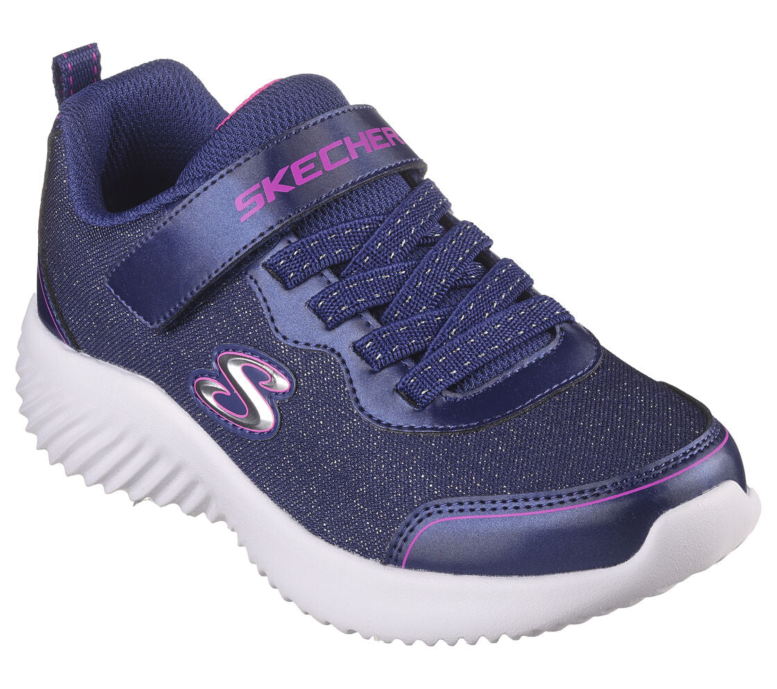 A girls casual trainer by Skechers, style Bounder Girly Groove 303528L, in navy glitter with elastic laces and velcro fastening.  Angled view.